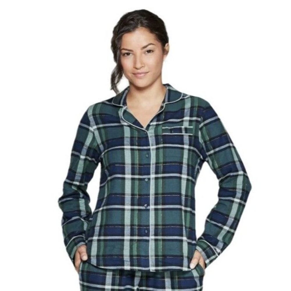 NWT Stars Above Plaid Green Perfectly Cozy Flannel Sleep Pajama Shirt Sz XS